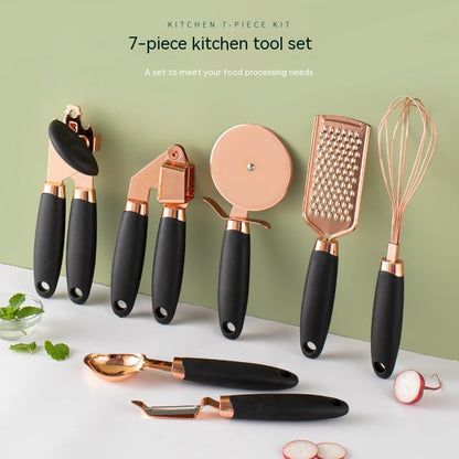 7-Piece Rose Gold Kitchen Tool Set - Copper Plated Stainless Steel Utensils with Grater, Peeler, Whisk & Can Opener - Nestlyn Kitchen Essentials