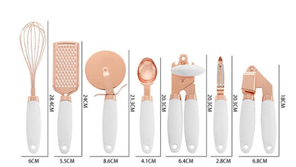 7-Piece Rose Gold Kitchen Tool Set - Copper Plated Stainless Steel Utensils with Grater, Peeler, Whisk & Can Opener - Nestlyn Kitchen Essentials