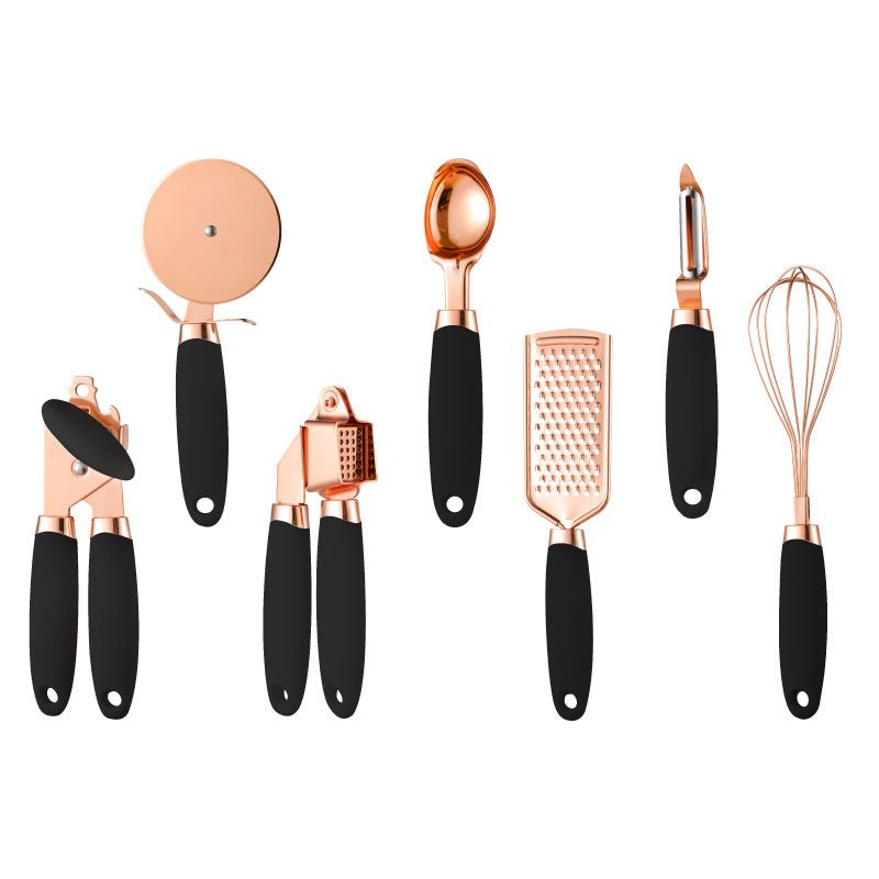 7-Piece Rose Gold Kitchen Tool Set - Copper Plated Stainless Steel Utensils with Grater, Peeler, Whisk & Can Opener - Nestlyn Kitchen Essentials