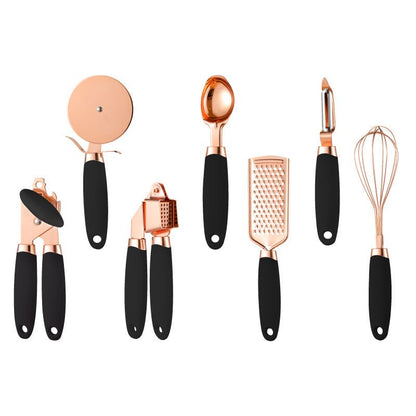 7-Piece Rose Gold Kitchen Tool Set - Copper Plated Stainless Steel Utensils with Grater, Peeler, Whisk & Can Opener - Nestlyn Kitchen Essentials