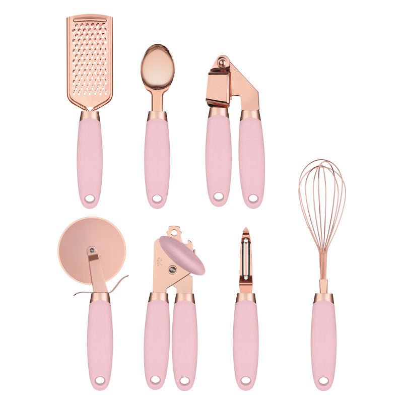 7-Piece Rose Gold Kitchen Tool Set - Copper Plated Stainless Steel Utensils with Grater, Peeler, Whisk & Can Opener - Nestlyn Kitchen Essentials