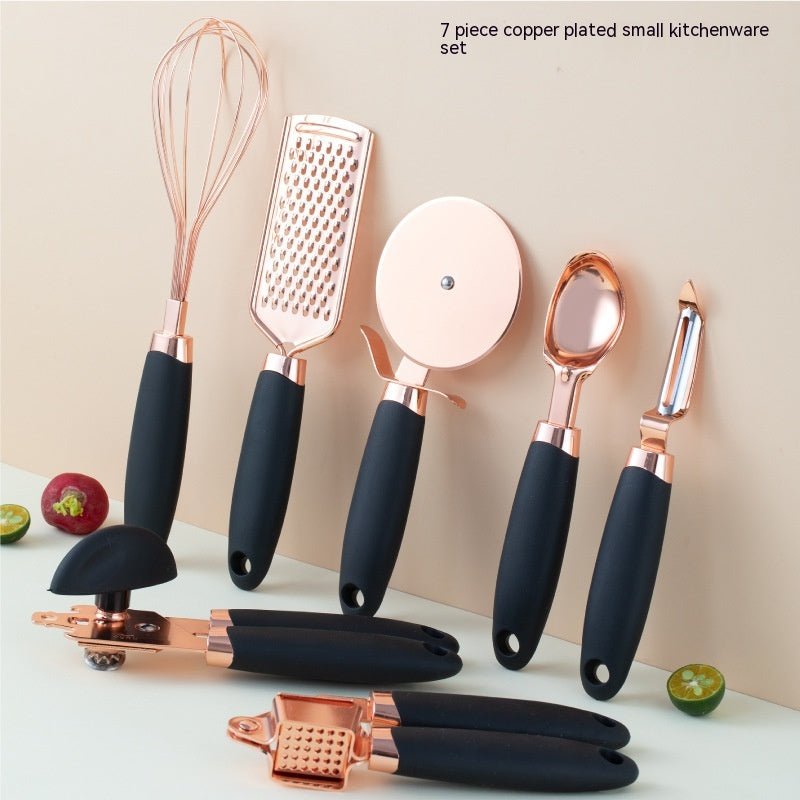 7-Piece Rose Gold Kitchen Tool Set - Copper Plated Stainless Steel Utensils with Grater, Peeler, Whisk & Can Opener - Nestlyn Kitchen Essentials