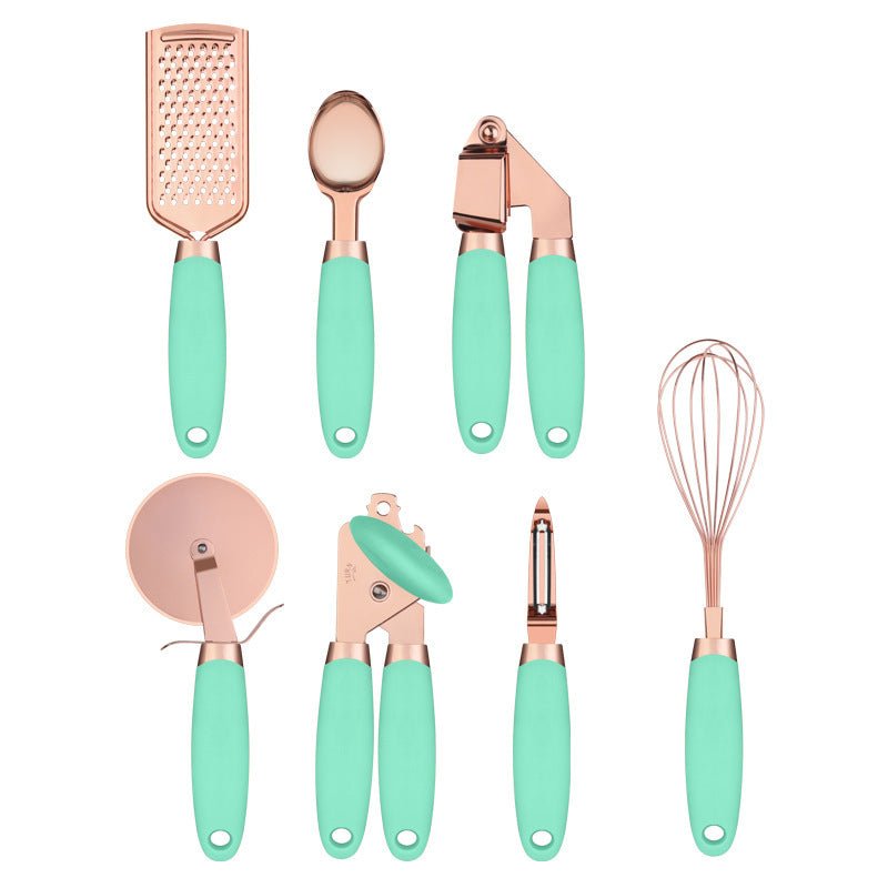 7-Piece Rose Gold Kitchen Tool Set - Copper Plated Stainless Steel Utensils with Grater, Peeler, Whisk & Can Opener - Nestlyn Kitchen Essentials