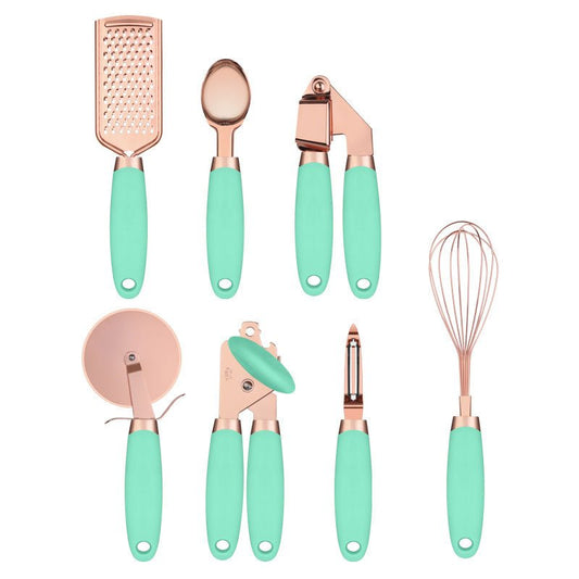 7-Piece Rose Gold Kitchen Tool Set - Copper Plated Stainless Steel Utensils with Grater, Peeler, Whisk & Can Opener - Nestlyn Kitchen Essentials