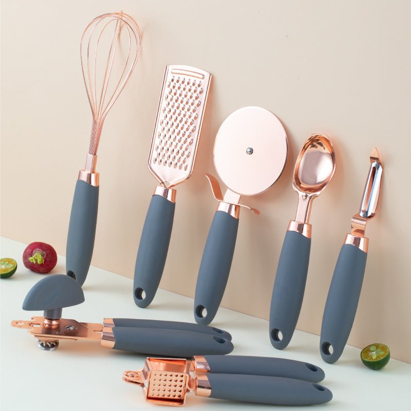 7-Piece Rose Gold Kitchen Tool Set - Copper Plated Stainless Steel Utensils with Grater, Peeler, Whisk & Can Opener - Nestlyn Kitchen Essentials
