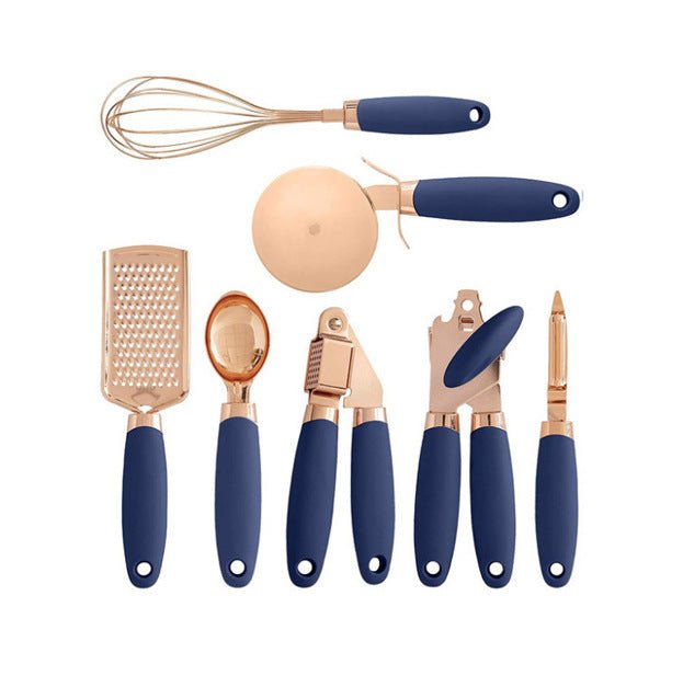 7-Piece Rose Gold Kitchen Tool Set - Copper Plated Stainless Steel Utensils with Grater, Peeler, Whisk & Can Opener - Nestlyn Kitchen Essentials