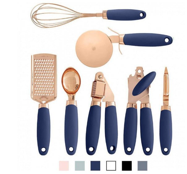 7-Piece Rose Gold Kitchen Tool Set - Copper Plated Stainless Steel Utensils with Grater, Peeler, Whisk & Can Opener - Nestlyn Kitchen Essentials